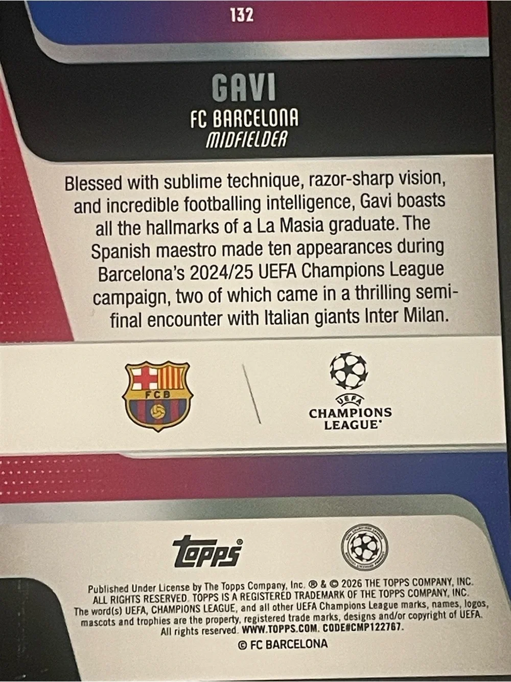 2024/25 Topps UCL Purple Sparkle Gavi 107/250 FC Barcelona Card